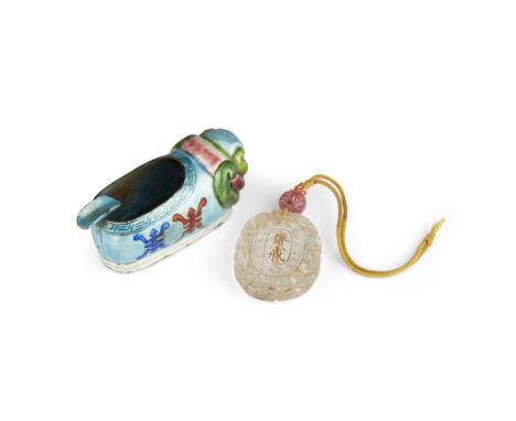 A Chinese rock crystal 'abstinence' plaque and an enamelled copper shoe-shaped ashtrayRepublic period The pendant carved with
