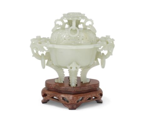 A Chinese pale celadon jade 'floral' incense burner and reticulated coverRepublic periodThe pale even stone carved and pierce