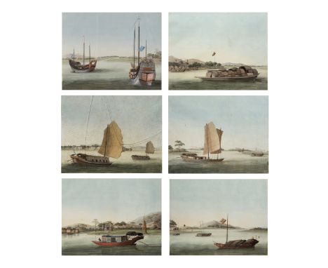 Chinese Guangdong (Canton) School , Qing dynasty, 19th century'Boats'Watercolour on paper, set of six, mounted in glazed fram