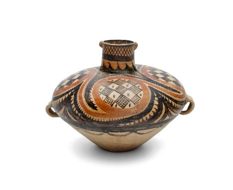A large Chinese Neolithic style pottery jar20th centuryThe compressed jar with loop handles and painted in red and black with