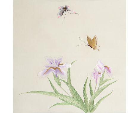 A Chinese silk embroidered picture of 'butterflies and orchids'20th centuryNaturalistically embroidered with polychrome threa