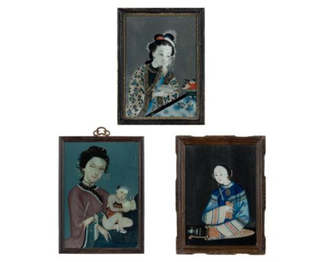 Three Chinese reverse-glass portraits of beautiesLate Qing dynastyComprising the portrait of a lady and boy, the boy holding 