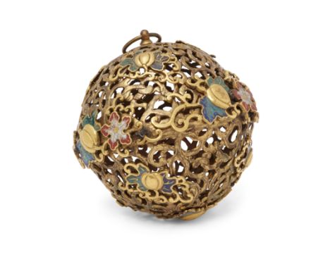 A Chinese champlevé-enamel and gilt copper alloy 'melon' reticulated hanging perfume holderQing dynasty, 18th centuryCast as 