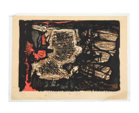 Three prints and a gouache paintingComprising a gouache painting depicting downtown area by J Thomas, signed to a shop banner