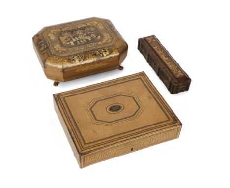 Two Chinese lacquer games boxes and a fan caseQing dynasty, 19th centuryEach lacquered black and painted in gilt; the first, 