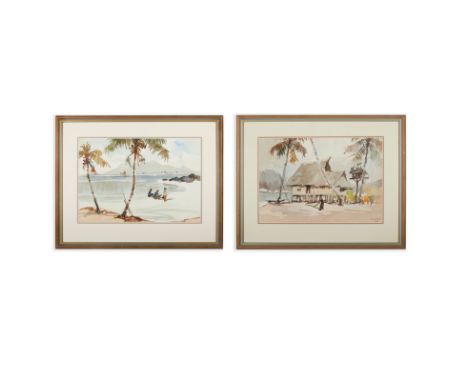 Yong Mun Sen (1896-1962)'untitled'Watercolour, each painted with a figurative seaside view, each signed Mun Sen 50, dated 195