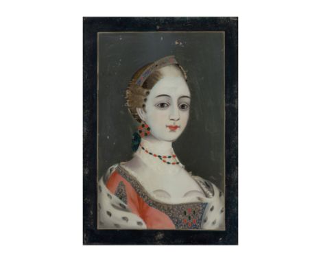 A Chinese 'European subject' reverse-glass painting
Qing dynasty, 19th century
Painted as the portrait of a young European la