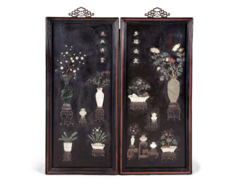 A pair of Chinese hardstone-inlaid lacquer 'flowers and antiques' plaquesLate Qing dynastyEach of the black-lacquered panels 