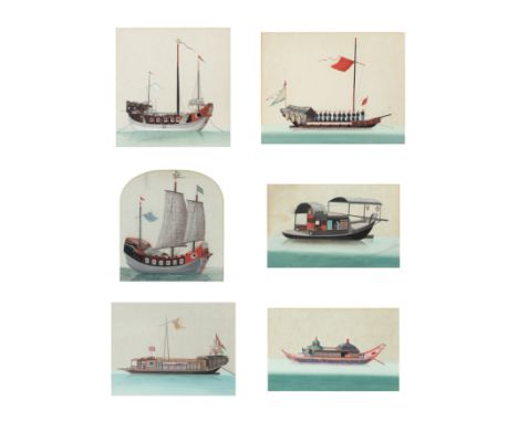 Chinese Guangdong (Canton) School, Qing dynasty, first half of 19th century'Boats'Gouache on paper, set of three, and three f