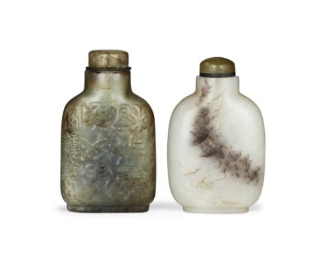 Two Chinese jade snuff bottlesQing dynasty, 19th century Both well-hollowed and standing on an oval flattened foot, the first