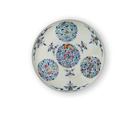 A Chinese doucai and famille rose 'sanduo' dishQing dynasty, 19th centuryThe interior outlined in underglaze blue and enamell