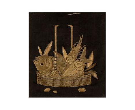 A Chinese cream-ground embroidery of a dog and a Japanese black-ground embroidery of fishLate Qing dynasty and Meiji/Taisho p