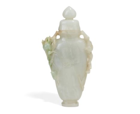 A Chinese jadeite 'dragon and phoenix' flattened baluster vase and coverQing dynasty, 19th/20th centuryThe translucent white 