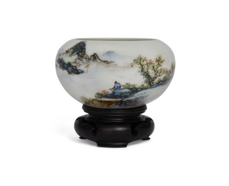 A Chinese semi-eggshell enamelled 'scholar in landscape' water potRepublic period, signed Sun ZitingDelicately enamelled with