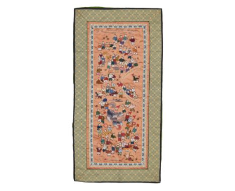 A Chinese embroidery and a Japanese embroidery19th/20th centuryComprising a light coral ground ground embroidery of a hundred