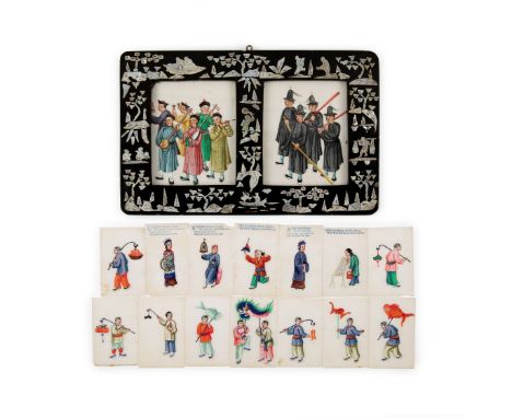 A pair of small Chinese pith paper paintings of a procession within a mother-of-pearl-inlaid frame, and a set of small pith p