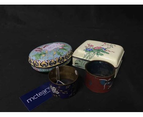 CHINESE SILVER AND ENAMEL BOX along with two cloisonne napkin rings and an enamelled box (4)