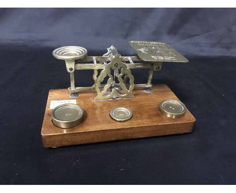 SET OF POSTAL SCALES along with a Ronson table lighter, and a bugle