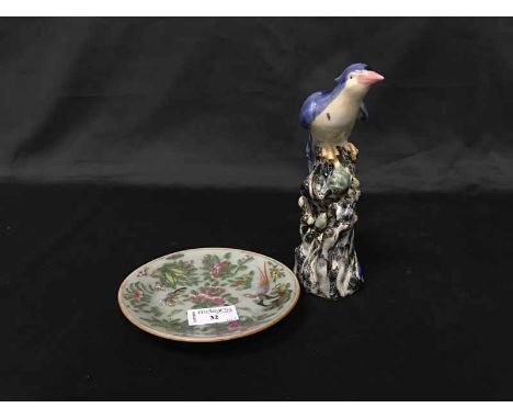 TWO CHINESE FAMILLE ROSE DISHES along with a carved hardwood Buddha, terracotta teapot and three cups, etc