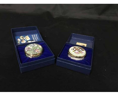 FIVE HALCYON DAYS ENAMEL TRINKET BOXES and a plated ice bucket (6)