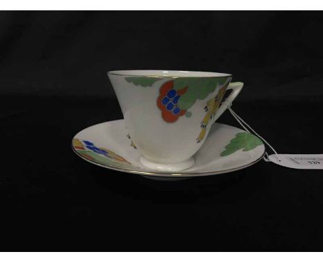 ROYAL DOULTON ART DECO 'FELICITY' PATTERN TEA SERVICE transfer printed with fruit and foliage, twelve place (one cup damaged)