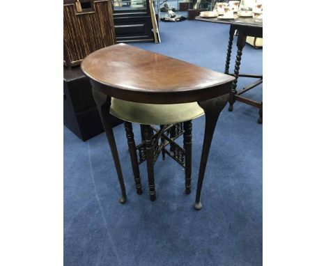 EASTERN BRASS TOPPED OCCASIONAL TABLE along with a D-shaped hall table, four framed reproduction newspaper covers and a photo