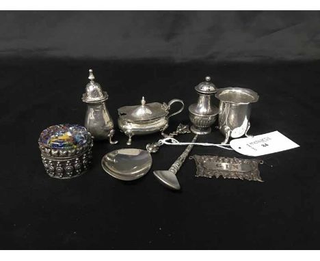 VICTORIAN SILVER CADDY SPOON along with two silver pepper pots, silver mustard pot, Gin label and an East Asian trinket box