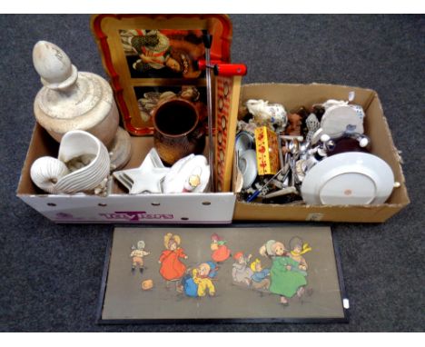 Two boxes containing ceramics, ornaments, gilt wood tray, leather cased backgammon set, together with a 20th century nursery 