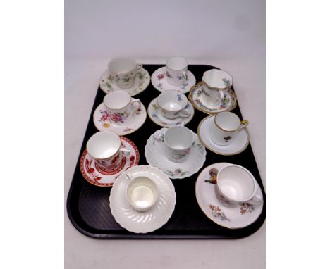 A tray containing ten assorted tea and coffee cups with saucers to include Royal Doulton, Coalport, Crown Derby, Crown Staffo