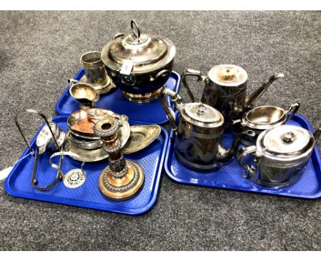 A quantity of silver plated wares including lidded tureen, four piece tea service etc (Three trays)