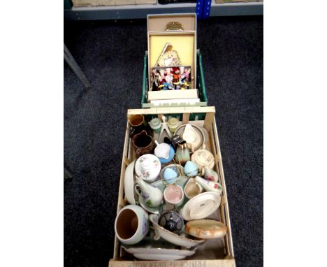 Two crates containing assorted ceramics to include Radford ware, antique china, boxed Petit Point dressing table set, cocktai