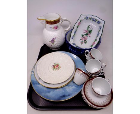 A tray containing assorted ceramics to include a Coalport Caughley mask head jug, antique Royal Doulton blue and white bowl, 