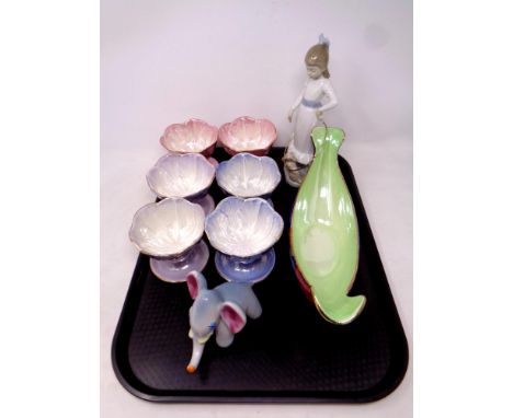 A tray containing six Maling sundae dishes together with a Maling storm gondola bowl, Nao figure, girl with hoop and puppy to