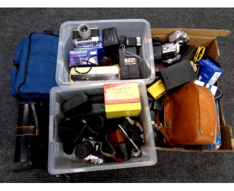 Three boxes containing a large quantity of assorted cameras, camera accessories and camera bags to include boxed Brownies, Mi