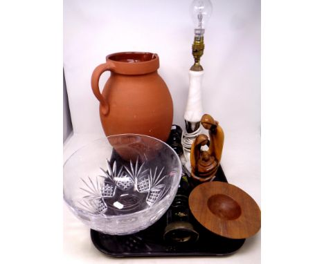 A tray containing a large pottery jug, pair of brass and marble table lamps, cut glass bowl, hand painted oversized pepper gr