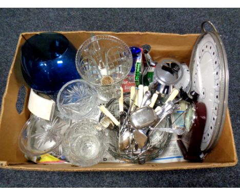 A box containing assorted glassware, stainless steel and plated cutlery, plated and ceramic tray  