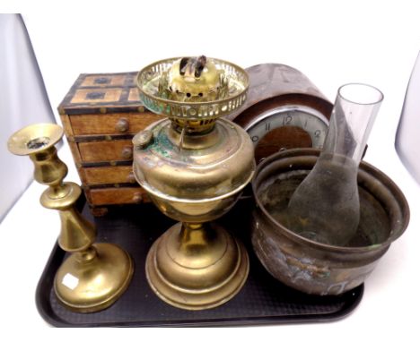 A tray containing oak cased Bentima mantel clock (as found), Duplex oil lamp with chimney, brass candlestick and planter, tog