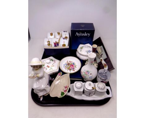 A tray containing assorted ceramics to include Royal Worcester dish and ramekins (boxed), Aynsley lidded pot (boxed), Carlton