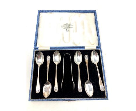 A set of six cased silver teaspoons and tongs, Sheffield marks CONDITION REPORT: 88.7g