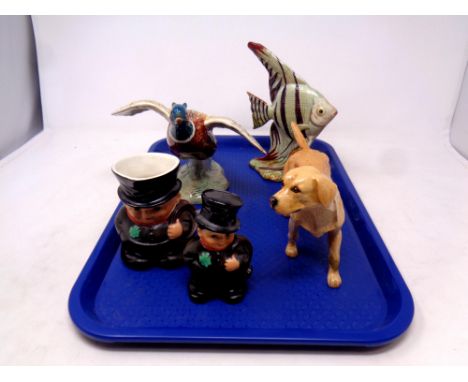 A tray containing a Beswick 850 pheasant ornament together with a Beswick 1047 fish ornament (as found), a Royal Doulton figu