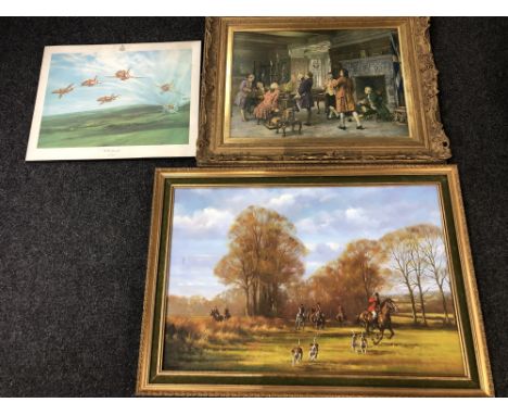 A gilt framed print after Doveston, Robert Taylor print of the Red Arrows, oil on canvas hunting scene 