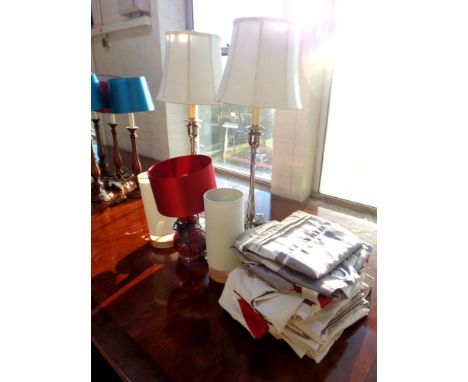 Two pairs of table lamps with shades, red glass table lamp and shade, curtains and pillow cases 