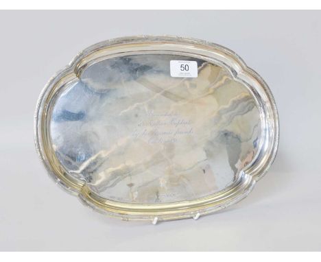 A Cased George V Silver Salver, by Walker and Hall, Sheffield, 1933, shaped oval and with foliage heightened reeded rim, engr