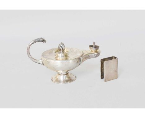 An Edward VII Silver Table-Lighter, by Zachariah Barraclough and Sons, Chester, 1904, in the form of an oil-lamp, with bird-m