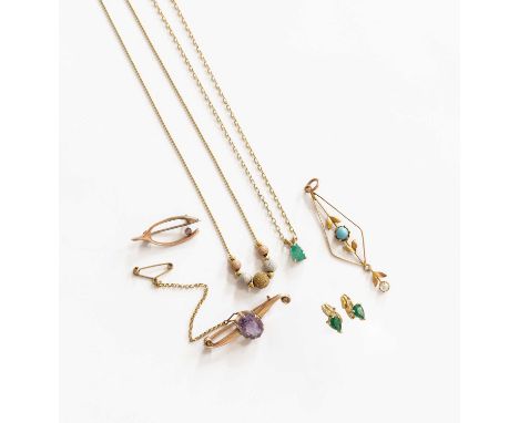 A Small Quantity of Jewellery, comprising of a fancy link necklace, stamped '10K', length 39cm; an emerald pendant on chain, 