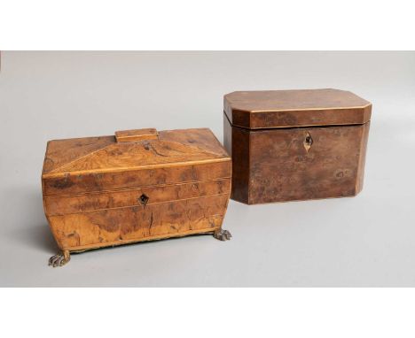 A Burr Elm Tea Caddy, early 19th century, on metal paw feet, (no inner lids), a Burr Yew Tea Caddy, plain rectangular, (warpe