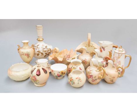 A Quantity of Royal Worcester Blush Ivory Porcelain, including jugs, vases, coffee pot, potpourri, bowls etc. with puce and g