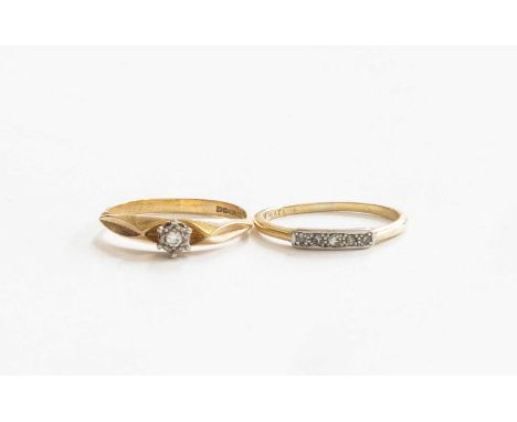 An 18 Carat Gold Diamond Solitaire Ring, finger size R; and A Diamond Five Stone Ring, finger size Q18 carat gold - 2.9 grams