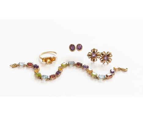 A 14 Carat Gold Multi-Gem Set Bracelet, comprising of oval cut blue topaz, garnet, amethyst, citrine and peridot, in yellow c