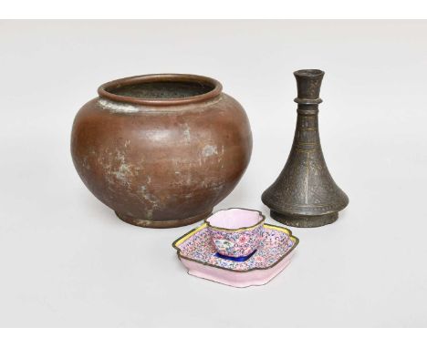 A Cantonese Enamel Small Teabowl and Saucer, 19th century, of square form, pink ground and decorated with lotus scrolls, toge